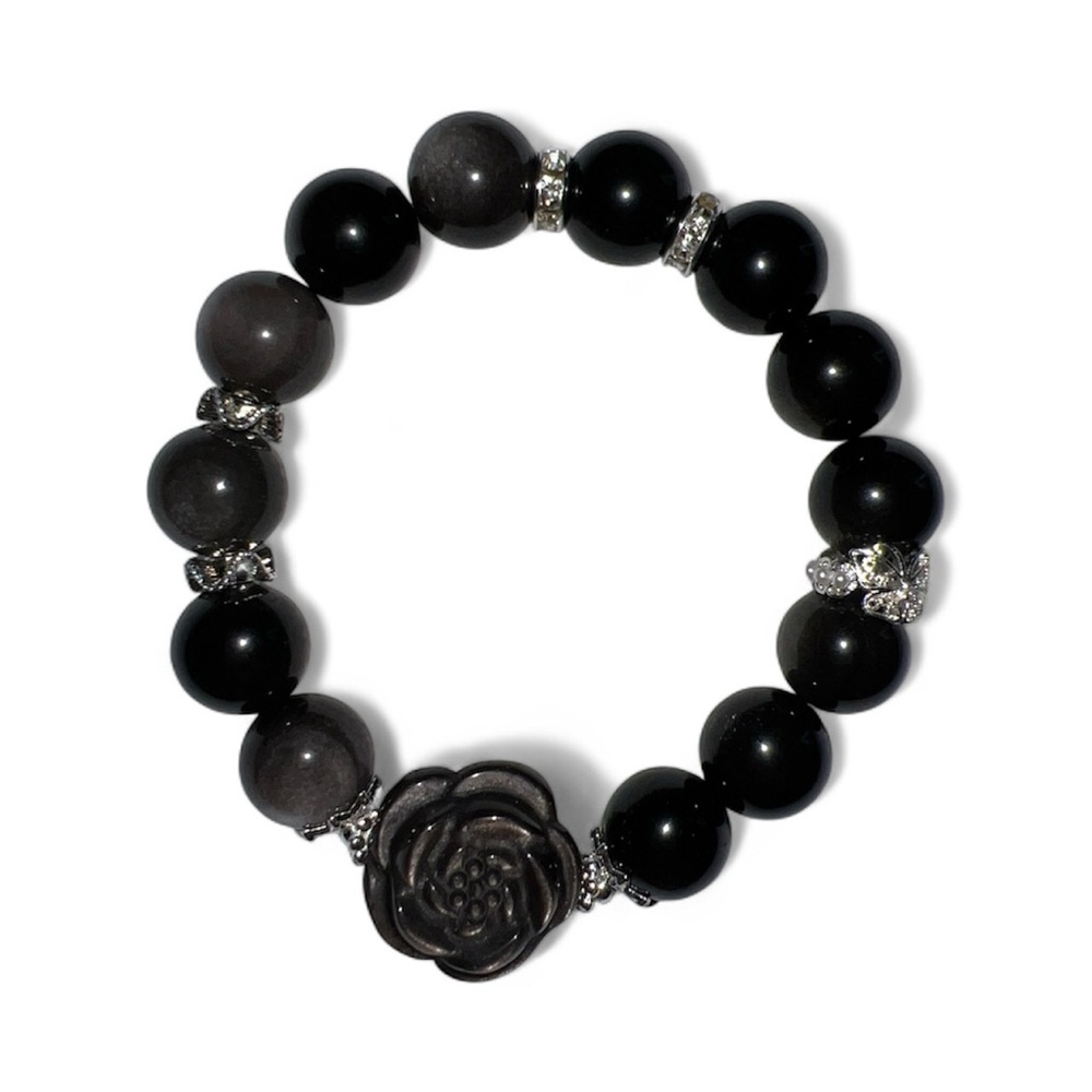 High Quality Silver Sheen Obsidian Stretch Bracelet HANDMADE Double Sided Flower - Picture 11 of 12